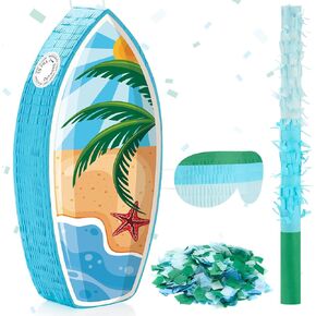 Lewtemi Surfboard Piñata Police Car for Party, Small Piñata with Stick, Blindfold, Confetti for Summer Themed Party Supplies, 16.93 x 9.45 x 2.95 Inches