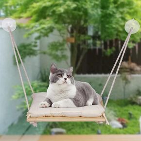 Cat Window Perch Bed, Suction Cup Hanging Cat Window Hammock Inside Wood Seat with Soft Cushion