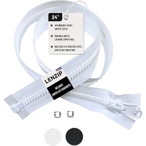 EZ-Xtend Lenzip #8 Separating Zipper - Heavy Duty Cut to Length with Double Metal Locking Pulls - Includes 2 Stainless Steel Zipper Bottom Stops (White, 24")