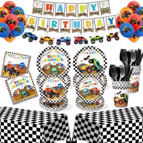 183Pcs Monster Truck Party Supplies, Monster Truck Party Supplies Include Plates and Napkins, Serves 26