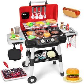 Kids Play Kitchen Toys, Kids BBQ Grill Playset with Smoke Sound Light, 2-Layer Barbecue Toy with Wheel, Outdoor Play Grill Toys for Toddlers 3-5, Play Food Toys Cooking Set, Birthday Gift for Boy Girl