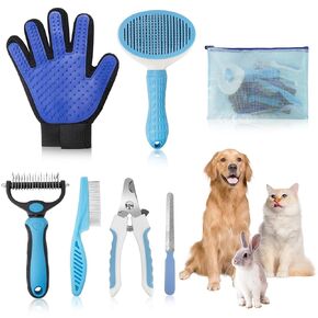 2-in-1 Pet Grooming Kit-Double-Sided Dematting Comb & Flea Comb for Detangling Matted Fur on Dogs/Cats/Rabbits-Effective Cat Brush & Dog Brush for Shedding（Blue