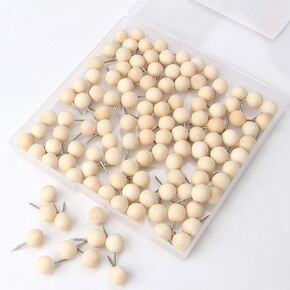 120Pcs Wood Push Pins, Decorative Wooden Thumb Tacks with Box, Round Head Thumb Tacks for Bulletin Board and Corkboard, Map Picture Calendar Photos Holder