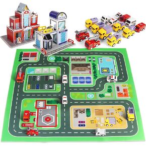 14-Piece Toy Car Playset with Play Mat & 3D Fire Station/Police Station Puzzles, Educational City Rescue Pretend Play for Kids Ages 3-5, Montessori Learning Gift Toy for Toddler Boys Girls