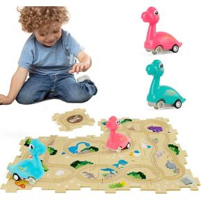 Dinosaur Toddler Toys Gifts for 2 3 4 5 Year Old Boys, with 2 Dino Cars, Puzzle Racer Kids Car Track Set, Car Rugs for Kids Toy Cars for 2 3 4 5 6 Year Old Boys, Toys for Ages 2-4
