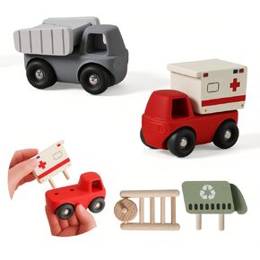 6 PCS Vehicle Toy Set,Classic Rescue and Construction Car Toys Including 2 Silicone Bodies & 4 Wooden Carriages (Ambulance,Fire Ladder Truck,Dump Truck,Garbage Truck) - Mix & Match Design for Toddlers