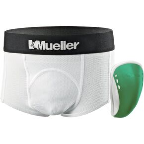 Mueller Athletic Support Brief with Flex Shield Cup, White/Green, Peewee Large in Kuwait