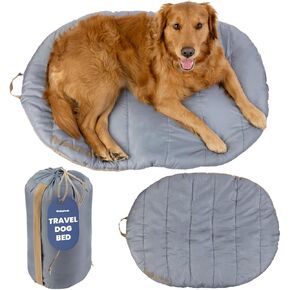 Travel Dog Bed (42" x 30") – Foldable, Roll-Up Camping Dog Bed – Water Resistant, Soft & Durable Mat with Extra Padding – Compact & Packable – Machine Washable – Large & Small Breeds - Grey