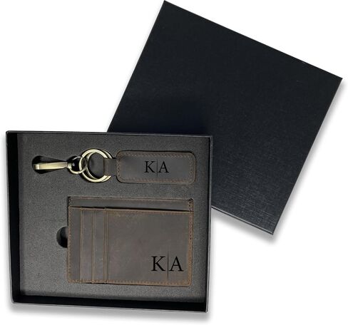 Personalized Leather Slim Wallet and Keychain Set | Custom Engraved Front Pocket Minimalist Card Holder Wallet | Gifts for Men Dad Husband (Dark Brown) in Saudi Arabia