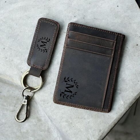 Personalized Leather Slim Wallet and Keychain Set | Custom Engraved Front Pocket Minimalist Card Holder Wallet | Gifts for Men Dad Husband (Dark Brown) in Saudi Arabia
