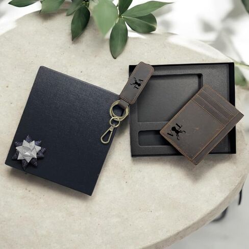 Personalized Leather Slim Wallet and Keychain Set | Custom Engraved Front Pocket Minimalist Card Holder Wallet | Gifts for Men Dad Husband (Dark Brown) in Saudi Arabia
