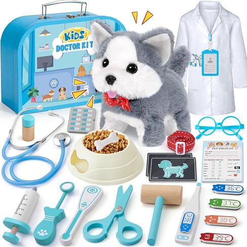 Wooden Doctor Kit & Dog Toys for Kids Toddlers Girls Boys 3 4 5 6 Years Old, Walking Barking Stuffed Dog & Doctor Costume & Veterinarian Pretend Play Set, Gifts for Boys Girls 3 4 5 6+ in Saudi Arabia