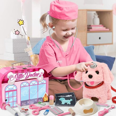 Wooden Doctor Kit & Dog Toys for Kids Toddlers Girls Boys 3 4 5 6 Years Old, Walking Barking Stuffed Dog & Doctor Costume & Veterinarian Pretend Play Set, Gifts for Boys Girls 3 4 5 6+ in Saudi Arabia
