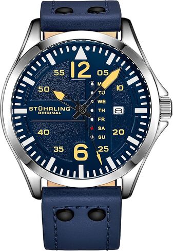 Stuhrling Original Mens Leather Watch -Aviation Watch, Quick-Set Day-Date Leather Band with Steel Rivets, in Kuwait