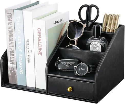 Kingfom Pu Leather Desk Organizer مع درج-صندوق تخزين لسطح المكتب متعدد المقاطع للوازم المكتبي ، البريد ، الأقلام ، الملحقات-Office Office Caddy Black & Brown (Black) in Kuwait