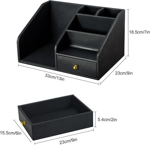 Kingfom Pu Leather Desk Organizer مع درج-صندوق تخزين لسطح المكتب متعدد المقاطع للوازم المكتبي ، البريد ، الأقلام ، الملحقات-Office Office Caddy Black & Brown (Black) in Kuwait