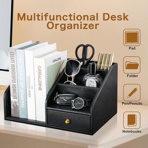 Kingfom Pu Leather Desk Organizer مع درج-صندوق تخزين لسطح المكتب متعدد المقاطع للوازم المكتبي ، البريد ، الأقلام ، الملحقات-Office Office Caddy Black & Brown (Black) in Kuwait