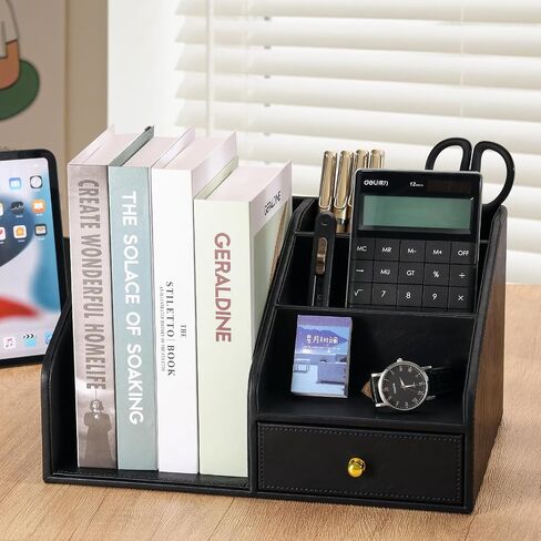 Kingfom Pu Leather Desk Organizer مع درج-صندوق تخزين لسطح المكتب متعدد المقاطع للوازم المكتبي ، البريد ، الأقلام ، الملحقات-Office Office Caddy Black & Brown (Black) in Kuwait