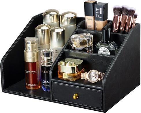 Kingfom Pu Leather Desk Organizer مع درج-صندوق تخزين لسطح المكتب متعدد المقاطع للوازم المكتبي ، البريد ، الأقلام ، الملحقات-Office Office Caddy Black & Brown (Black) in Kuwait