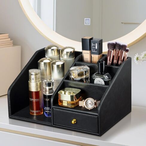 Kingfom Pu Leather Desk Organizer مع درج-صندوق تخزين لسطح المكتب متعدد المقاطع للوازم المكتبي ، البريد ، الأقلام ، الملحقات-Office Office Caddy Black & Brown (Black) in Kuwait