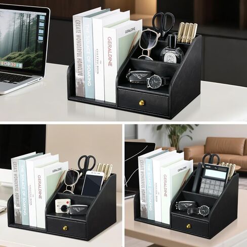 Kingfom Pu Leather Desk Organizer مع درج-صندوق تخزين لسطح المكتب متعدد المقاطع للوازم المكتبي ، البريد ، الأقلام ، الملحقات-Office Office Caddy Black & Brown (Black) in Kuwait