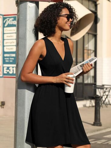 CATHY Womens Casual Sleeveless Dress V Neck Wrap Tunics Dresses Loose Comfy Beach Sundress with Pockets in Kuwait