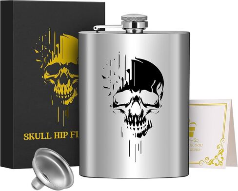 1pcs 8oz قارورة الفولاذ المقاوم للصدأ المقاوم للصدأ ، قارورة الجيب ، مع قمع وربط بطاقة هدايا بطاقات المعايدة ، نمط الجمجمة الذهبية الكحول قارورة ، مثالية للتخييم ، المشي لمسافات طويلة ، والأنشطة في الهواء الطلق ، الذهب in Saudi Arabia