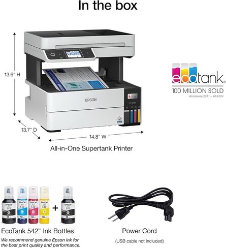 طابعة Epson EcoTank Pro ET-5150 Supertank اللاسلكية الكل في واحد مع ماسح ضوئي وناسخة بالإضافة إلى وحدة تغذية المستندات التلقائية، كبيرة، بيضاء in Kuwait