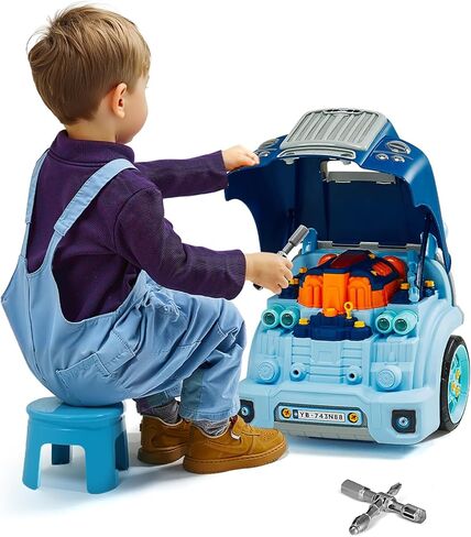 VEVOR Engine Toy, 60 Pieces, Kids Mechanic Car Repair Set with Removable Parts, Lights and Sounds, Steering Wheel and Horn, Kids Mechanic Workshop Set for Toddler Ages 3 Years and Up, Blue in Saudi Arabia