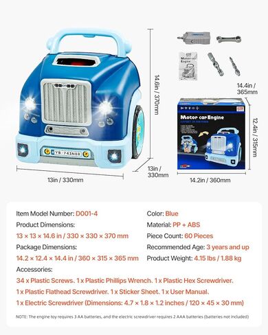 VEVOR Engine Toy, 60 Pieces, Kids Mechanic Car Repair Set with Removable Parts, Lights and Sounds, Steering Wheel and Horn, Kids Mechanic Workshop Set for Toddler Ages 3 Years and Up, Blue in Saudi Arabia