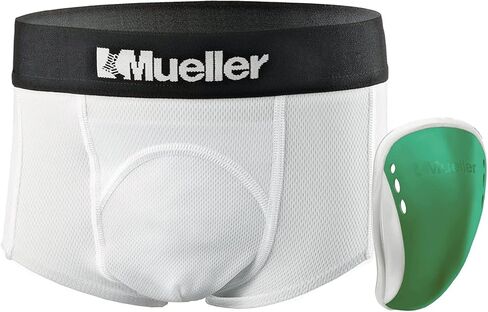 موجز دعم رياضي من Mueller مع كوب Flex Shield، أبيض/أخضر، مقاس Peewee كبير in Kuwait