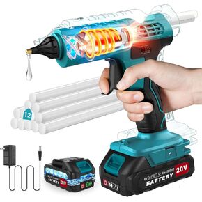 100W Cordless Hot Glue Gun Kit 20V Battery Powered(Battery Included), Wireless Glue Gun Rechargeable with Stand, Heavy Duty Hot Glue Gun with 12pcs 0.43'' Full Size Hot Glue Gun Stick for Craft & DIY