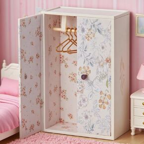 1/12 Dollhouse Wardrobe Closet, Miniature White Flower Pattern Wardrobe with 3Pcs Clothes Hangers, Magnetic Double Doors Dollshouse Closet for Bedroom Livingroom Furniture Accessory