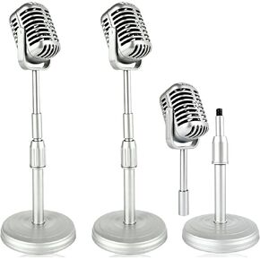 2 Pcs Vintage Microphone Prop Liftable Retro Microphone Prop Model Fake with Stand Plastic Classic Antique Mic Toy for Role Play Party Costume Stage Table Decorations Old Fashioned (Silver)
