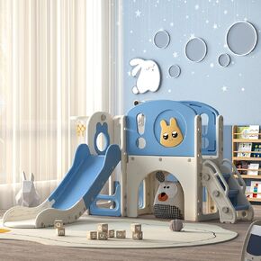8-in-1 Toddler Slide and Climber Playset, Kids Slide Playground with Stairs, Tunnel, Telescope, Storage, Basketball Hoop and Ball, Indoor Outdoor, 1-3 Years Old, Green
