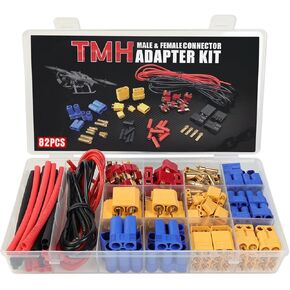 TMH 82 Pcs T-Plug EC3 EC5 XT30 XT60 XT90 Male & Female Plug Adapter Connector with Silicone Wire + Heat Shrink Tube for RC ESC Lipo Battery Motor Accessories (82 PCS)