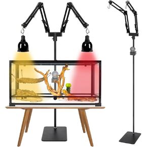 Dual Reptile Lamp Stand, 7.8-74.3" Adjustable Heat Lamp Stand for Reptiles with Anti-Tip Clip and 360° Swing Arm, Metal Reptile Light Fixture Holder Bracket for Amphibian Snake Lizard Terrarium