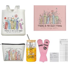 Book Lover Gifts for Women | 6 PCS Book Accessories for Reading Lovers | Bookish Gifts for Readers | Tote Bag, Makeup Bag,Glass Cup,Reading Socks,Reading list and Review Sticky Notes