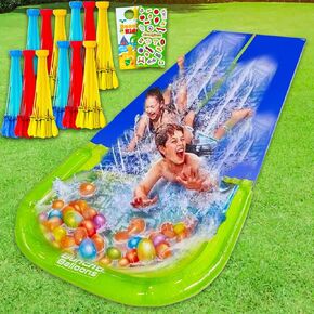 مجموعة من شريحة المياه Zuru Wipeout and Balloons-حزمة مع شريحة ماء 2 حارة Wipeout بالإضافة إلى 5 عناقيد من بالونات المياه السريعة المملوءة ذاتيا للأطفال ، الأولاد ، الفتيات | الصيف في الهواء الطلق playset