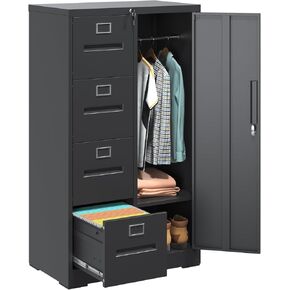4 Drawer Metal File Cabinet with Lock and 1 Door, Steel Vertical Filing Cabinets for Home Office, Metal Storage Cabinet for Hanging Legal/Letter Size Files, Assembly Required (Black)
