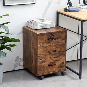 Mobile File Cabinet with Lockable Drawer, 3-Drawers Under Desk Storage Cabinet with 360°Swivel Wheels, Wooden Stationery Storage Cabinet for Legal/Letter/ A4 Documents (Brown)