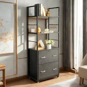 VINGLI 65.7" H 2 Drawer File Cabinet with Lock, Freestanding/Rolling File Cabinets for Home Office, Wood Black File Cabinet with Shelves Compatible with Both Letter and Legal Size Folders