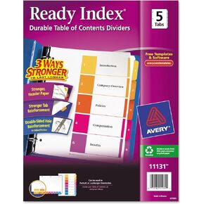 Avery 11131 Ready Index TOC Dividers, Tabs 1-5, Letter Size, Colors, 5 Tabs/ST
