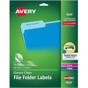 Avery 5029 Glossy Clear File Folder Labels, 1/3 Cut, 2/3 x 3-7/16, 450/Pack