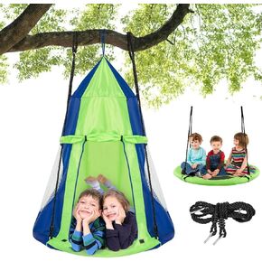 Costzon 2 in 1 Kids Detachable Hanging Chair Swing Tent Set, Hammock Nest Pod Hanging Swing Seat for Boys/Girls, Children Outdoor Indoor Swing Play House with Play Tent, Max Capacity 330 LBS (Green)