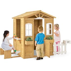 Costzon Outdoor Playhouse, Fir Wood Patio Pretend Play Center w/Bench, Mailbox, Fence, Serving Stations, Flowerpot Holders, Windows & Door, Children Play House for 2+ Years Old Kids