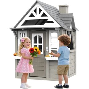 Kids Playhouse – Outdoor & Indoor Playset, Modern Gray Cedar Wooden Playhouse for Kids Ages 4-8 with Functional Kitchen Set (Includes Stove, Sink) Interactive Doorbell (Gray)