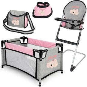 deAO Baby Doll Accessories Baby Doll Playset Furniture Set Baby Doll Crib High Chair Diaper Bag, Pretend Play Role Play Doll Accessories Set, Birthday Gifts for Kids Girl Boy