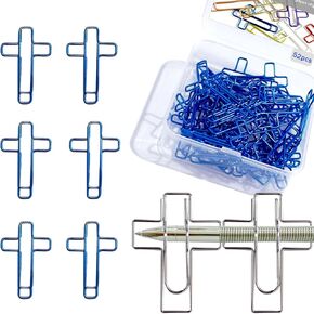 Christian Bible Study Supplies - 50 Cross Paper Clips, 2 Pen Holders, Rust-Resistant Metal, Gift for Church, Sunday School