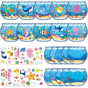 JUNEBRUSHS 30 Sets Summer Ocean Crafts Kits for Kids, Under The Sea Animals Worlds Stickers Scene for Home Classroom Game Activities Summer Crafts Party Favors